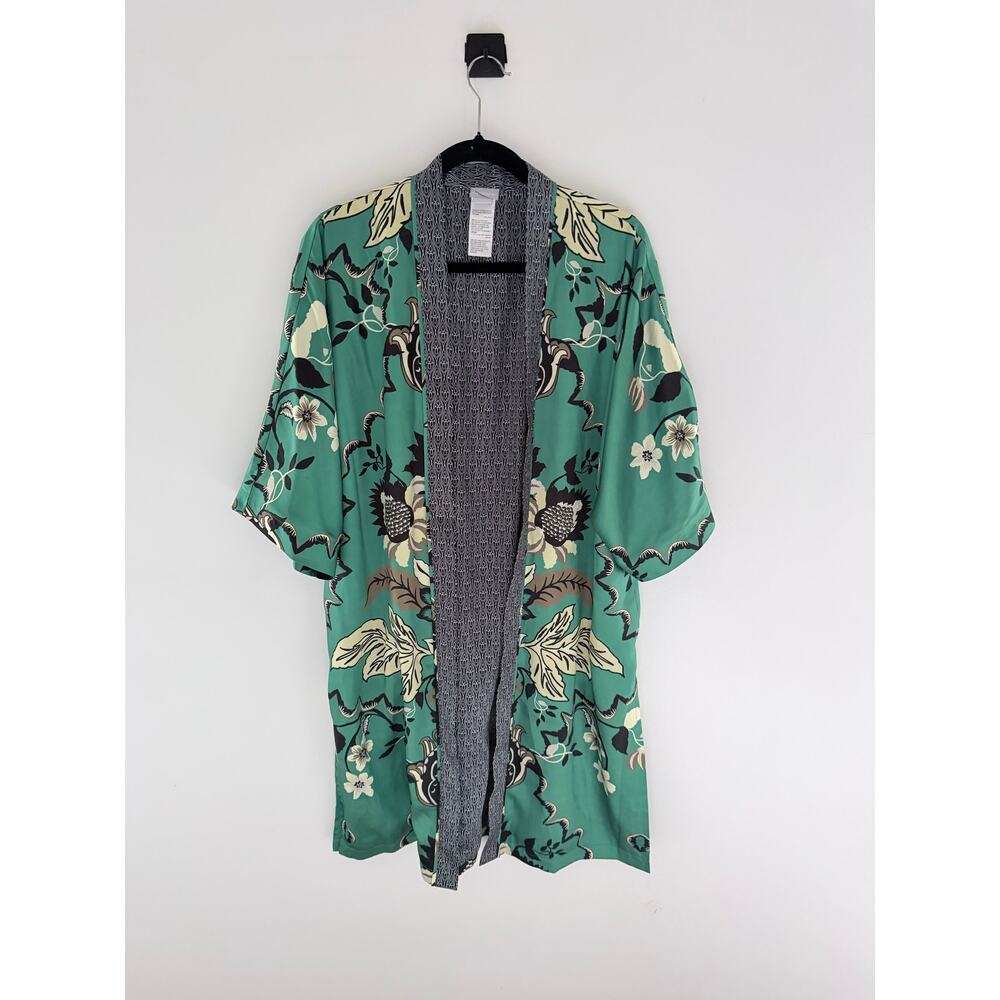 Chico's Damask Drama Open Front Kimono in Amazon Green-Size S/M